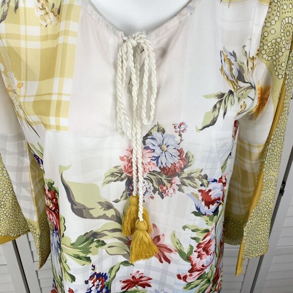 New Avani Del Amour Yellow Multi Floral Tunic Top Tassel‎ Tie Bell Sleeve Size S - Picture 2 of 6